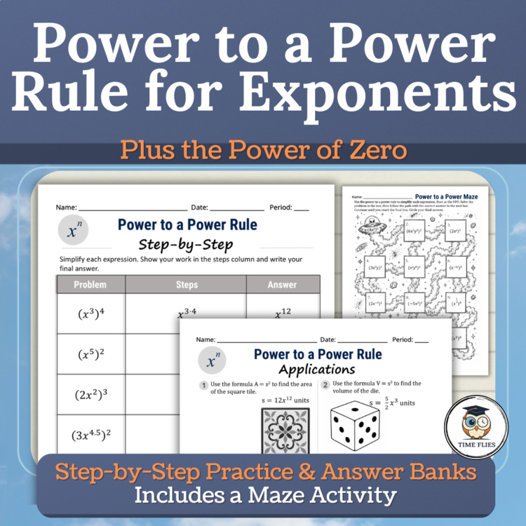 Power to a Power Rule for Exponents Worksheets | Zero Power, Application & Maze