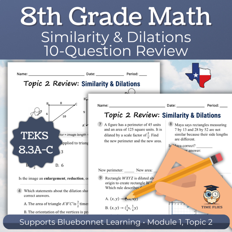 8th Grade Math Scale Factor, Similarity & Dilations Review Worksheets | TEKS 8.3