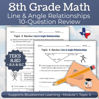 8th Grade Math Lines and Angle Relationships Review Worksheets | TEKS 8.8D