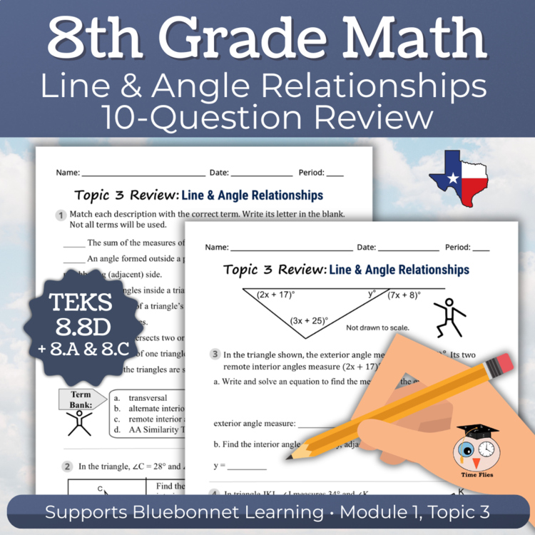8th Grade Math Lines and Angle Relationships Review Worksheets | TEKS 8.8D