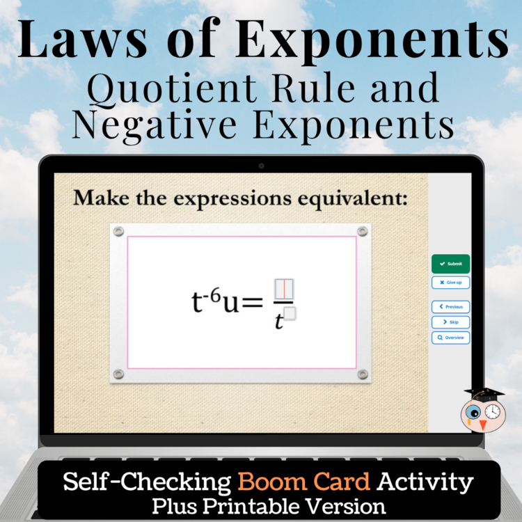 Exponents: Quotient Rule and Negative Exponents Activity | Boom Cards + Print