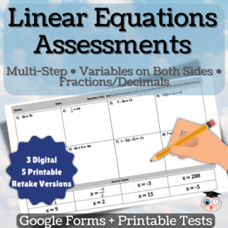 Solving Linear Equations Tests | Variables on Both Sides, Multi-Step, Distribute